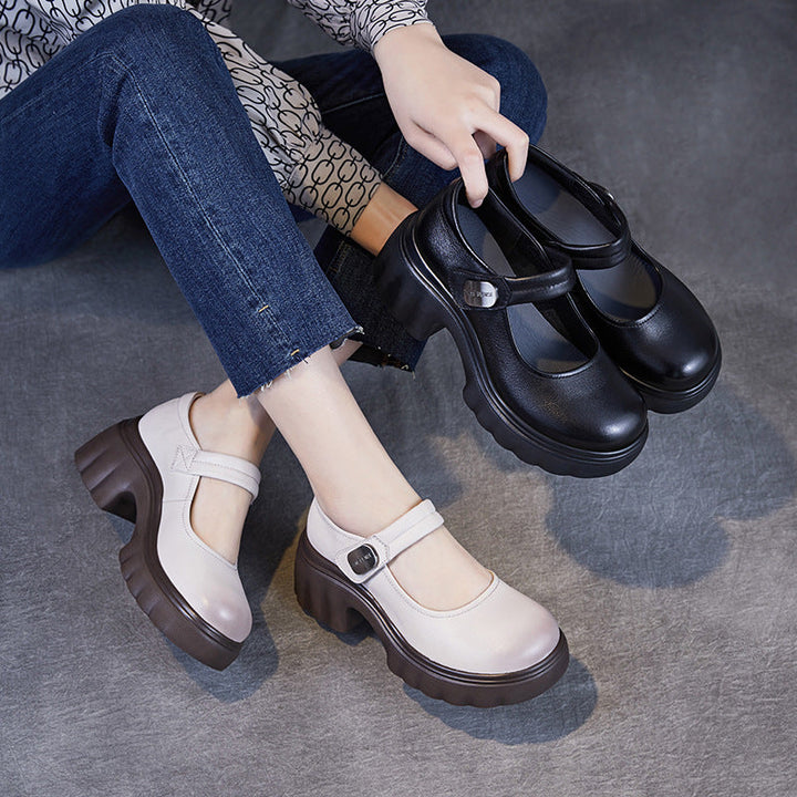 Luxury Leather Mary Janes for Women - Platform Heel with Velcro