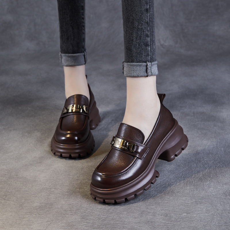 Women's Genuine Leather Platform Loafers - Chunky Heel with Metallic Hardware Details