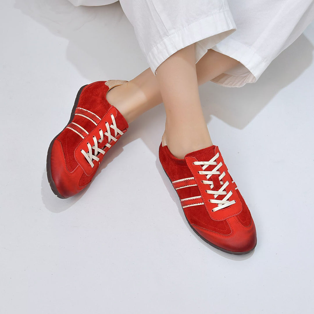 Women's Genuine Leather Retro Sneakers Stripe Patchwork Flat Lace Up Casual Shoes