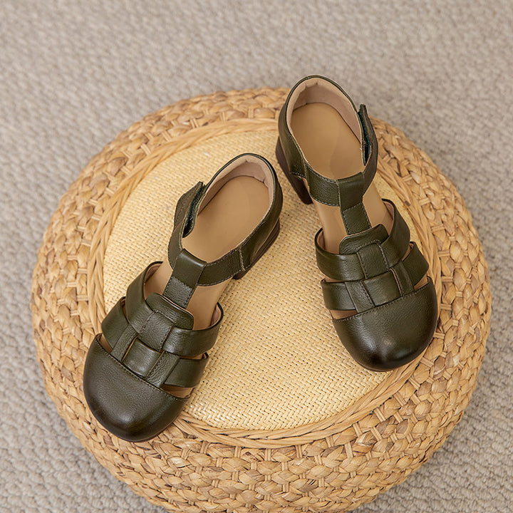 Women's Leather Fisherman Sandals - Retro Hollow Out Summer Mary Janes, Velcro Round Toe Block Heel Shoes