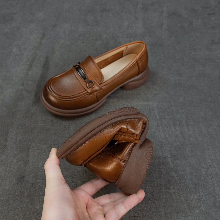 Women's Genuine Leather Loafers Round Toe Slip On Chunky Platform Shoes