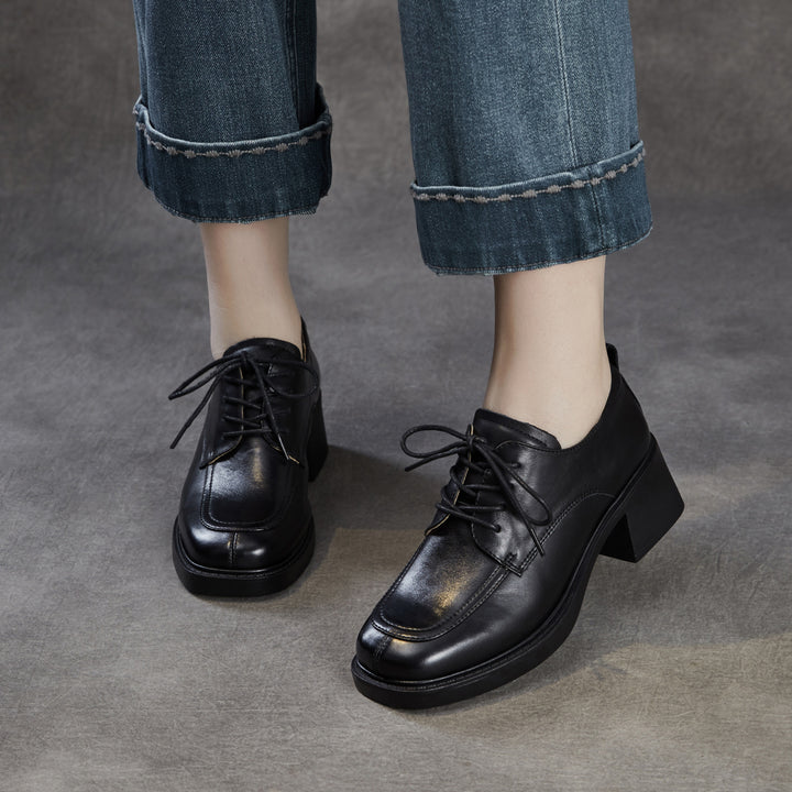Women's Top-Grain Leather Oxford Shoes Chunky High Heel Lace Up Platform Pumps