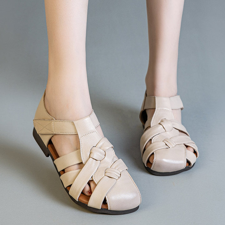 Women's Retro Woven Fisherman Sandals Vintage Leather Velcro Cage Closed Toe Walking Shoes Flats