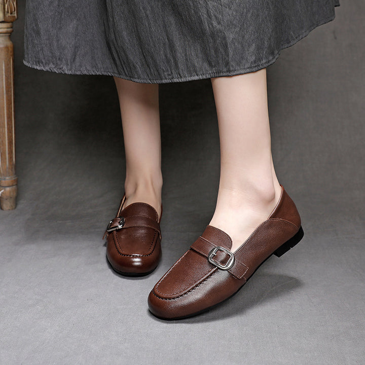 Women's Leather Casual Loafers - Soft Step-Down Back Flat Moccasins with Metal Buckle