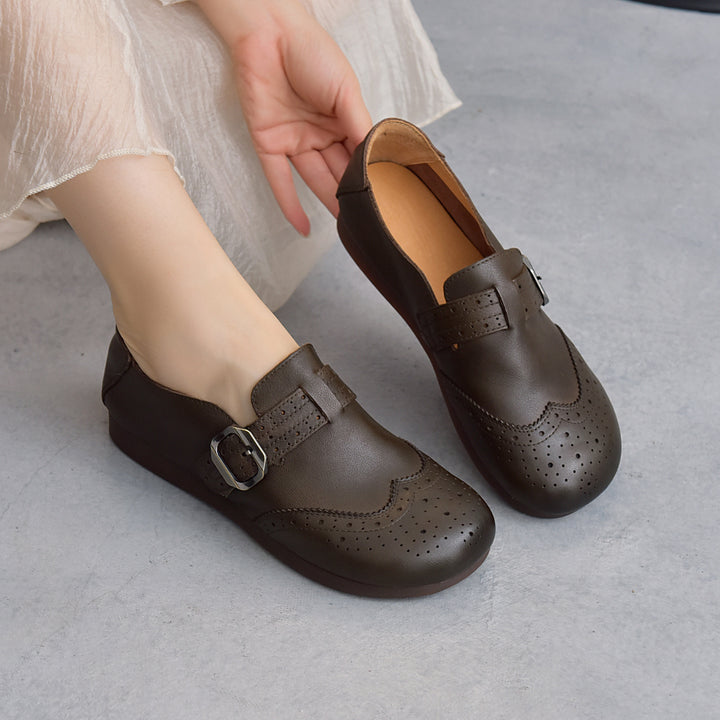 Women's Vintage Brogue Loafers Soft Cowhide Slip-on Mary Jane Flat Shoes