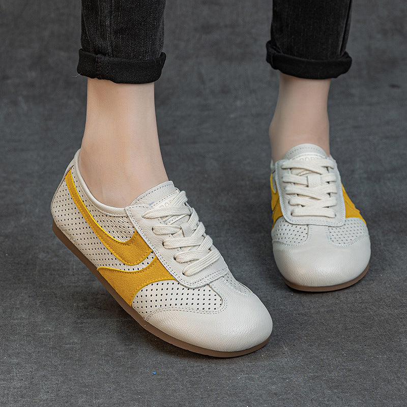 Women's Leather Perforated Sneakers Lace Up Breathable Flat Walking Shoes