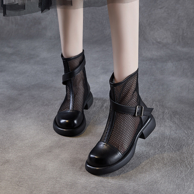 Women's Leather Summer Boots – Mesh Insert Breathable Ankle Shoes