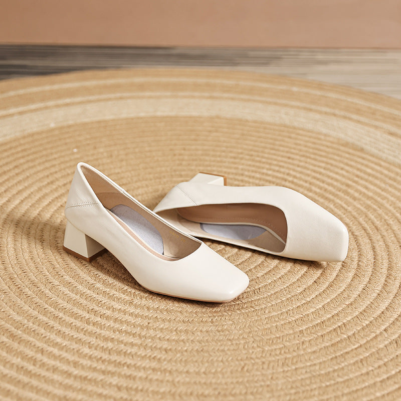 Women's Soft Leather Pumps - Square Toe Low Block Heel Dress Shoes Casual Slip-On Loafers