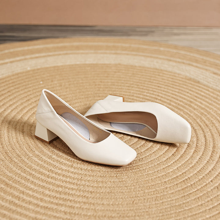 Women's Soft Leather Pumps - Square Toe Low Block Heel Dress Shoes Casual Slip-On Loafers