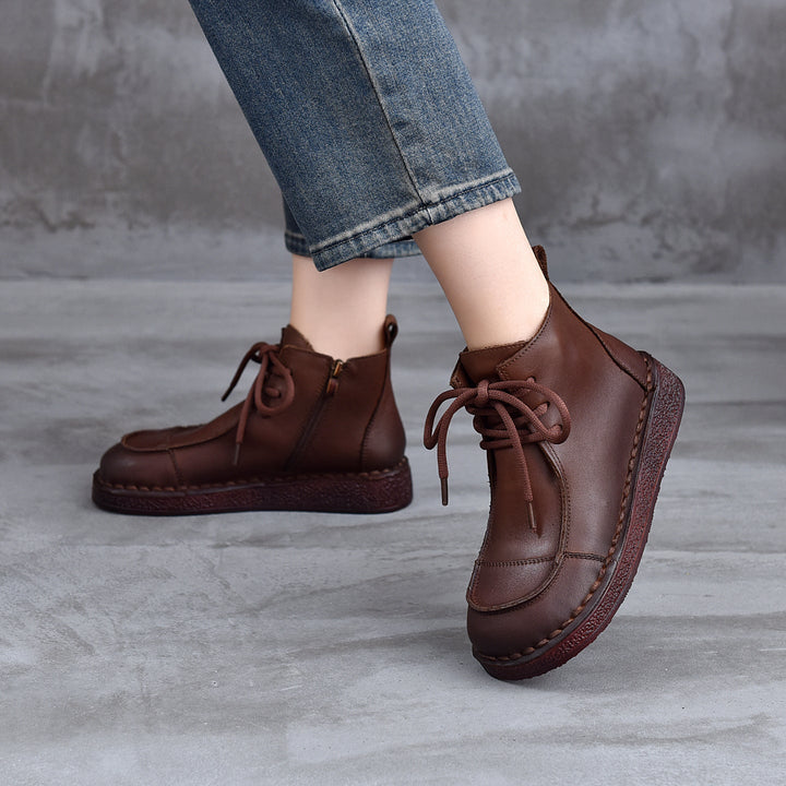Women's Leather Flat Ankle Boots – Comfortable Casual Lace-Up Zipper Style