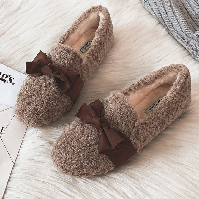 Women Bow Winter Warm & Soft Plush Fur Loafers Shoes