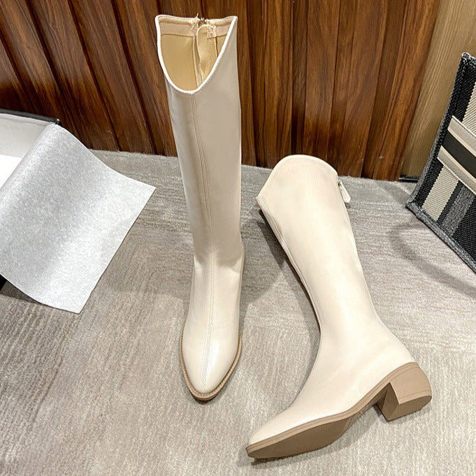 Womens Knee High Boots Pointed Toe Solid Color Back Zipper Comfortable Boots