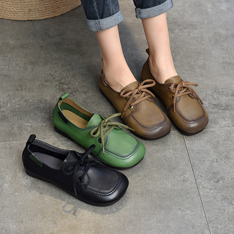 Women's Soft Leather Casual Flats – Comfortable Lace-Up Shoes