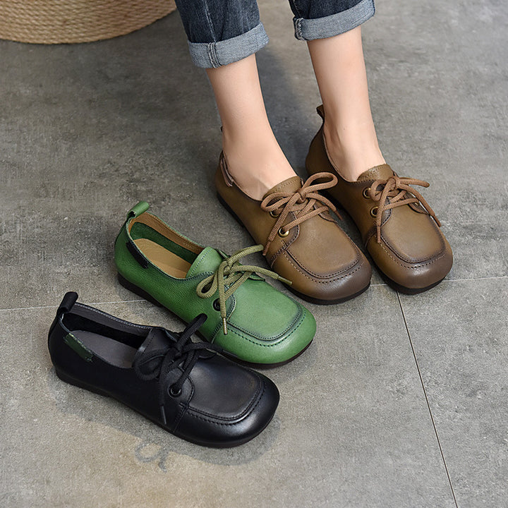 Women's Soft Leather Casual Flats – Comfortable Lace-Up Shoes