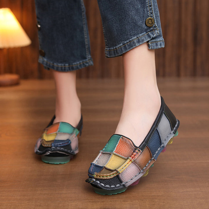 Women‘s Retro Cowhide Loafers Vintage Round Toe Patchwork Slip-on Driving Flats