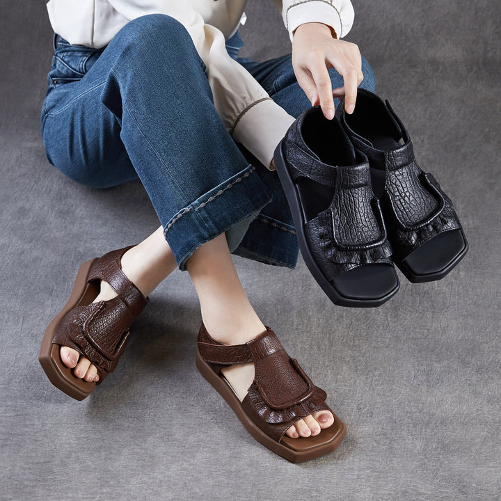 Women's Square Toe Platform Sandals Open Toe Retro Velcro Leather Ruffled Casual Summer Flats