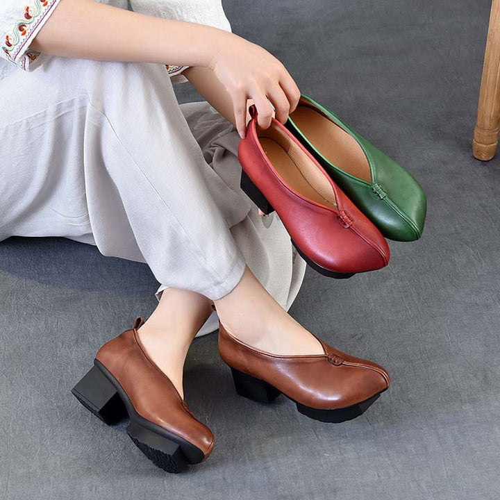 Women's Block Heel Leather High Heels – Slip-On Japanese Design