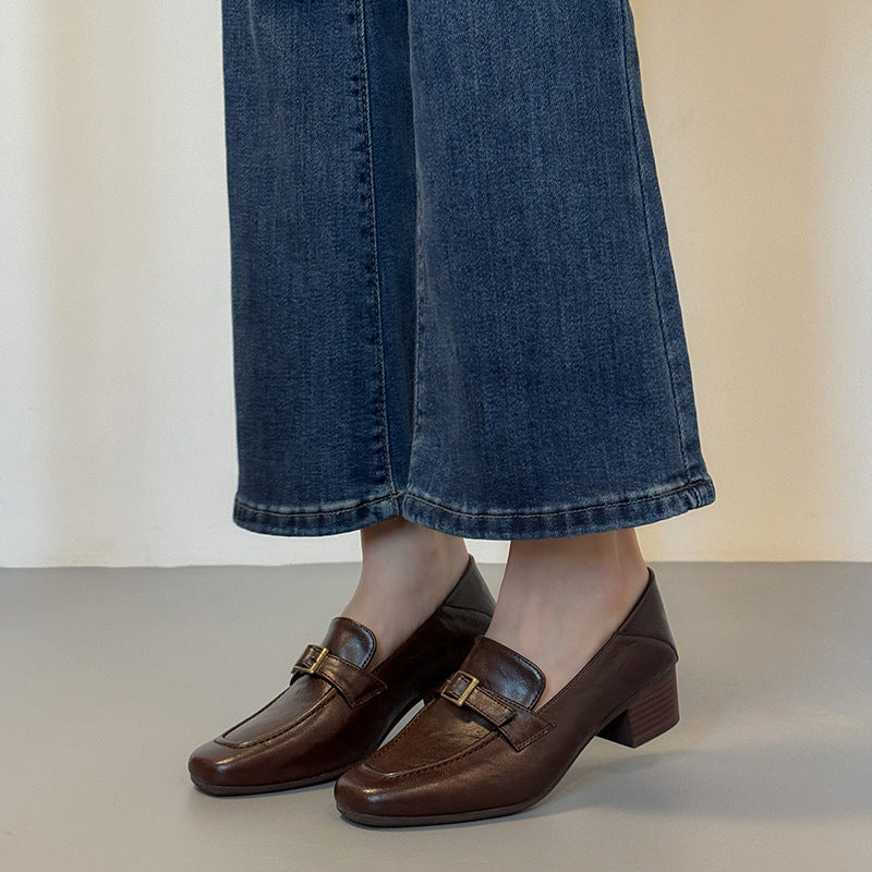 Women's Premium Leather Loafers - Square Toe Vintage Buckle Strap Chunky Heel Pumps