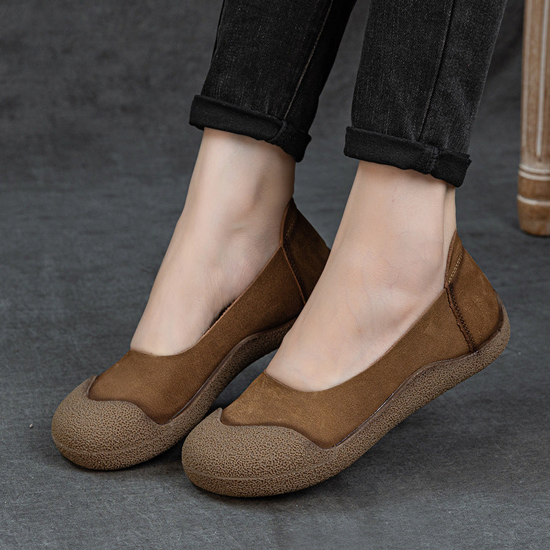Women's Genuine Leather Ballet Flats Round Toe Slip On Unlined Walking Shoes
