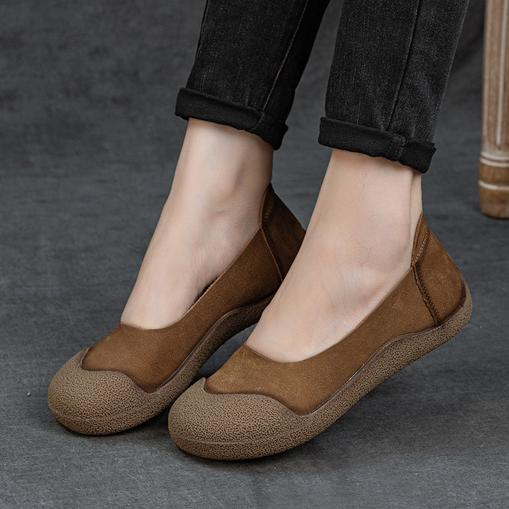 Women's Genuine Leather Ballet Flats Round Toe Slip On Unlined Walking Shoes