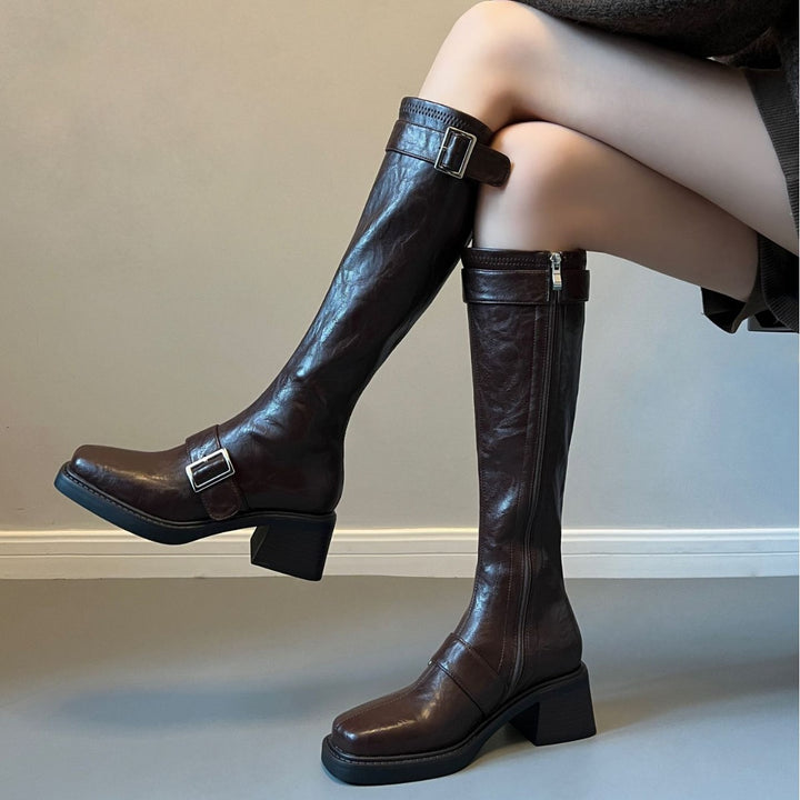 Women's Vintage Knee High Zipper Boots - Square Toe Buckle Strap Chunky Block Heel Riding Boots