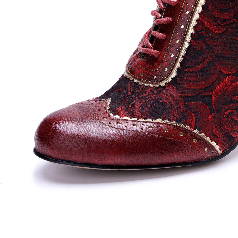 Women's Vintage Floral Sheepskin Oxfords High Heel Lace Up Brogue Booties