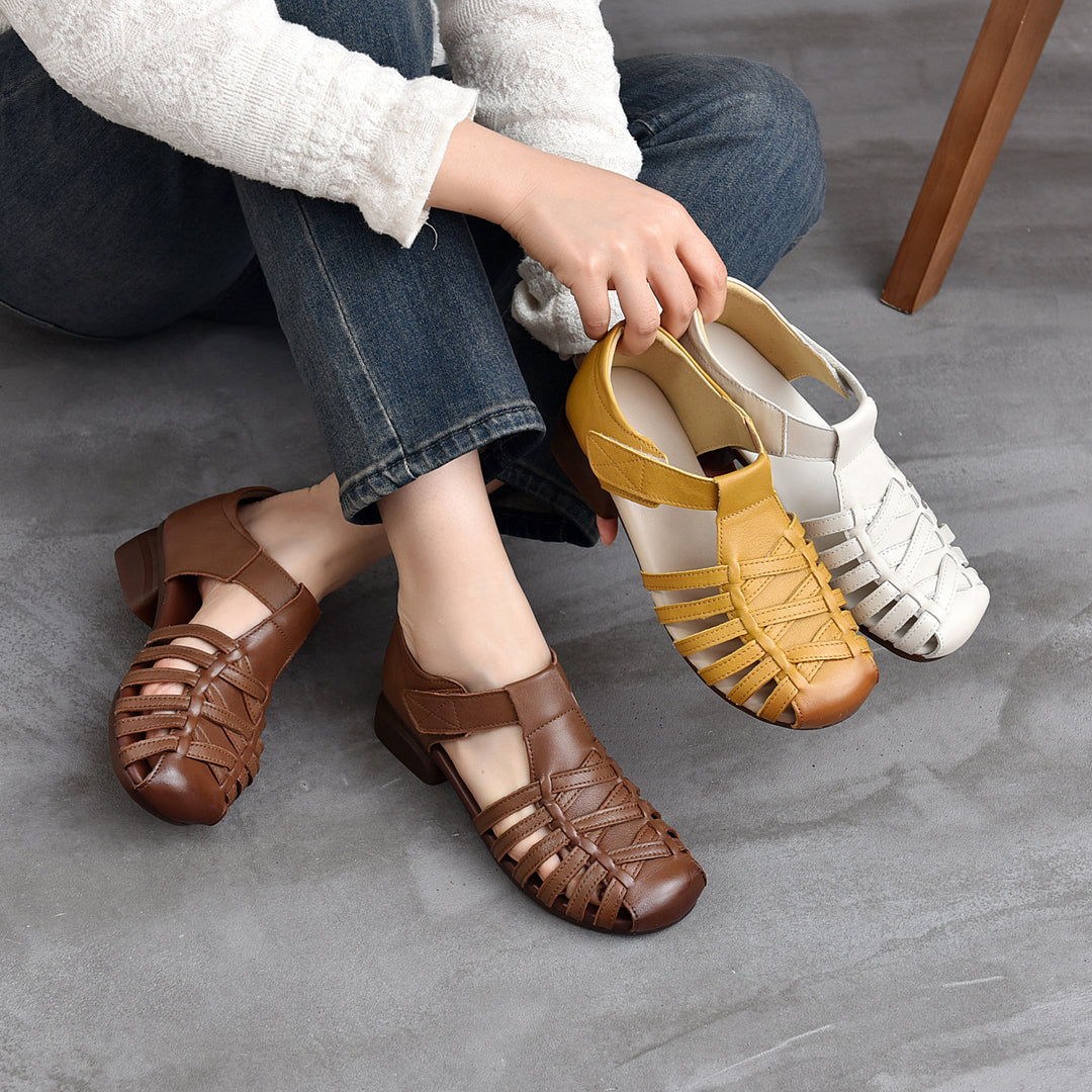 Women's Leather Fisherman Sandals - Closed Toe Woven Strappy Gladiator Sandals Low Block Heel