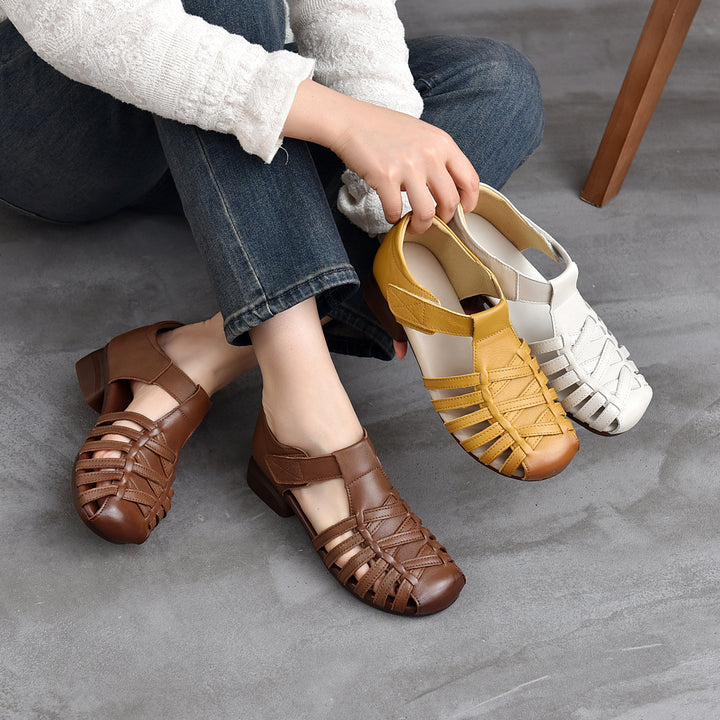 Women's Leather Fisherman Sandals - Closed Toe Woven Strappy Gladiator Sandals Low Block Heel