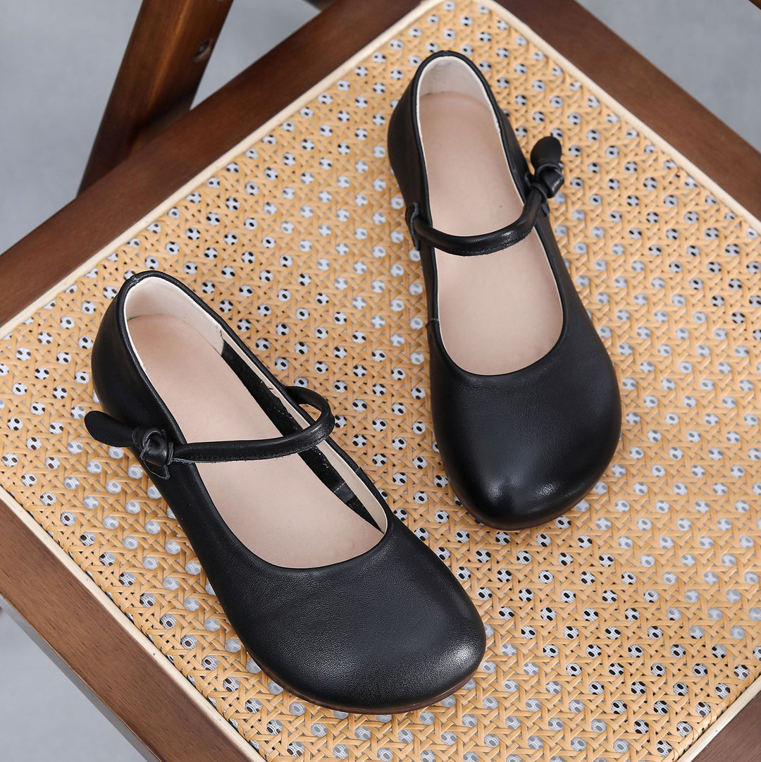 Women's Leather Mary Jane Flats - Vintage Round Toe Slip-On Ballet Flats with Bow Knot Strap Comfort Walking Shoes