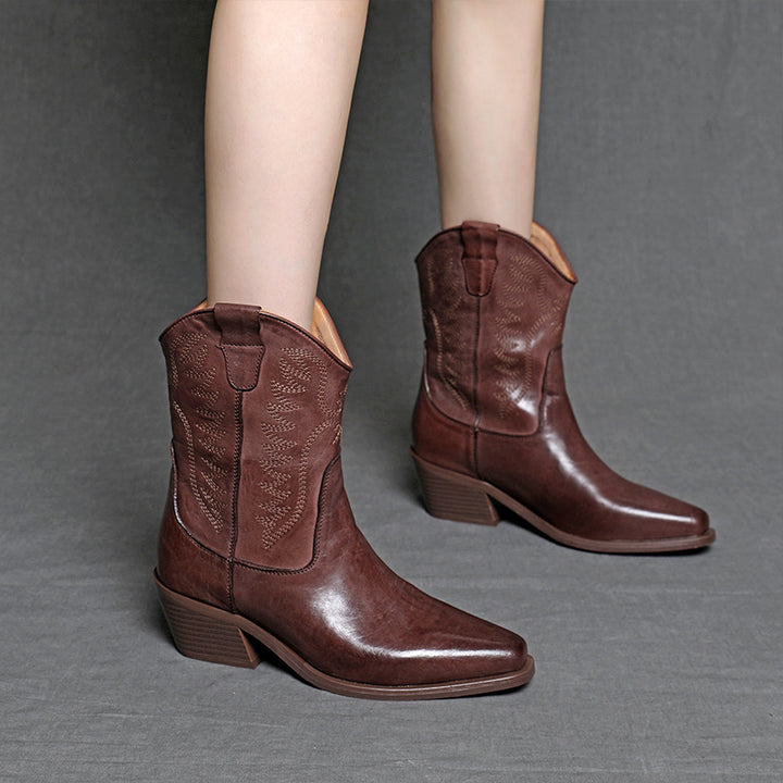 Women's Horsehide Western Cowboy Boots Embroidered Pointed Toe Chunky Heel Booties