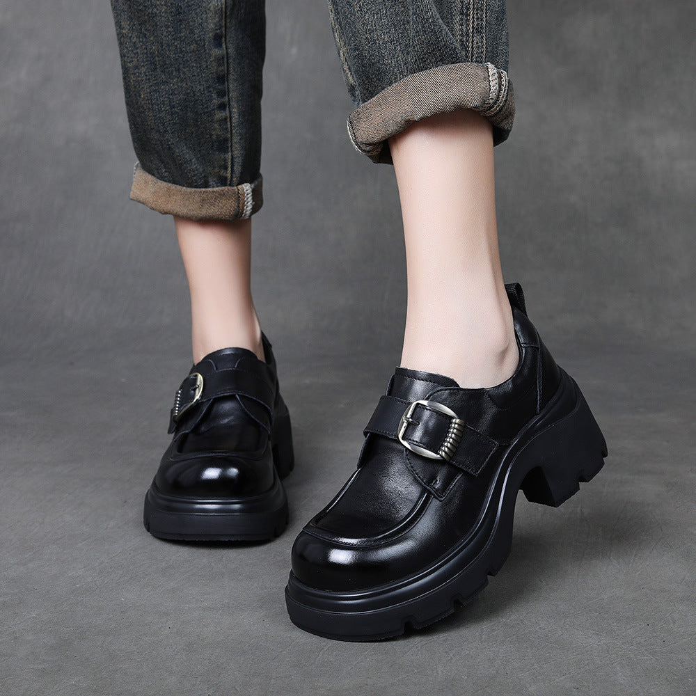Women's Chunky Platform Monk Strap Loafers Top-Grain Leather Slip On High Heel Dress Shoes