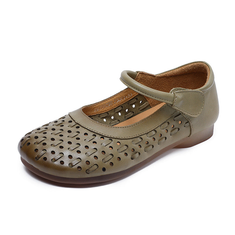 Women's Leather Mary Jane Sandals - Vintage Perforated Cut-Out Closed Round Toe Flat Shoes with Velcro