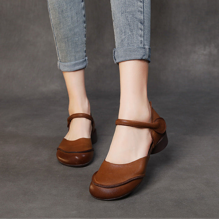 Women’s Genuine Leather Closed Toe Sandals – Retro Low Block Heel Velcro Shoes