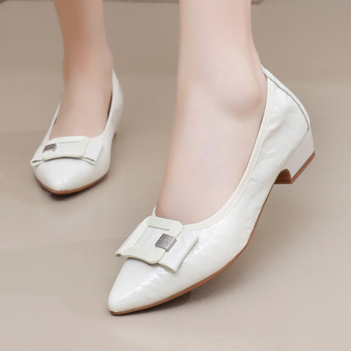 Women's Patent Sheepskin Pointed Toe Pumps Buckle Low Chunky Heel Slip On Shoes