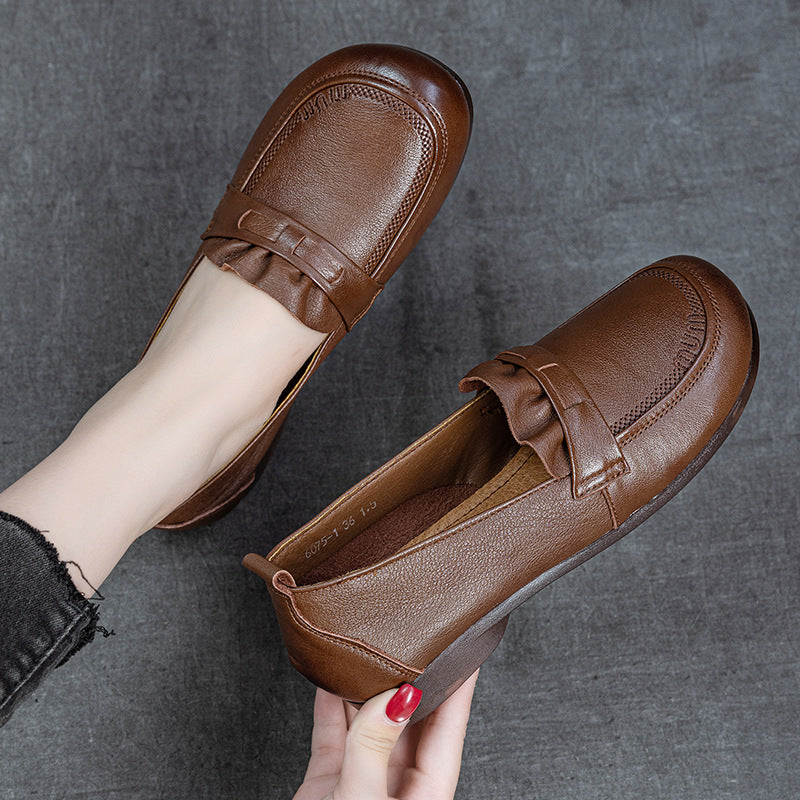 Women's Genuine Leather Penny Loafers Round Toe Slip On Flat Shoes Soft Sole