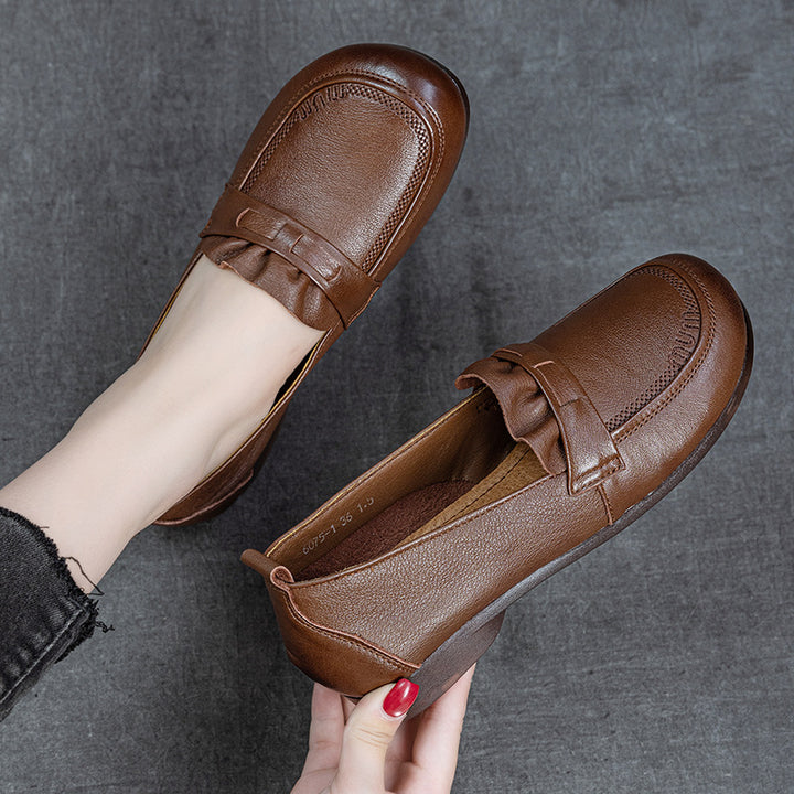 Women's Genuine Leather Penny Loafers Round Toe Slip On Flat Shoes Soft Sole