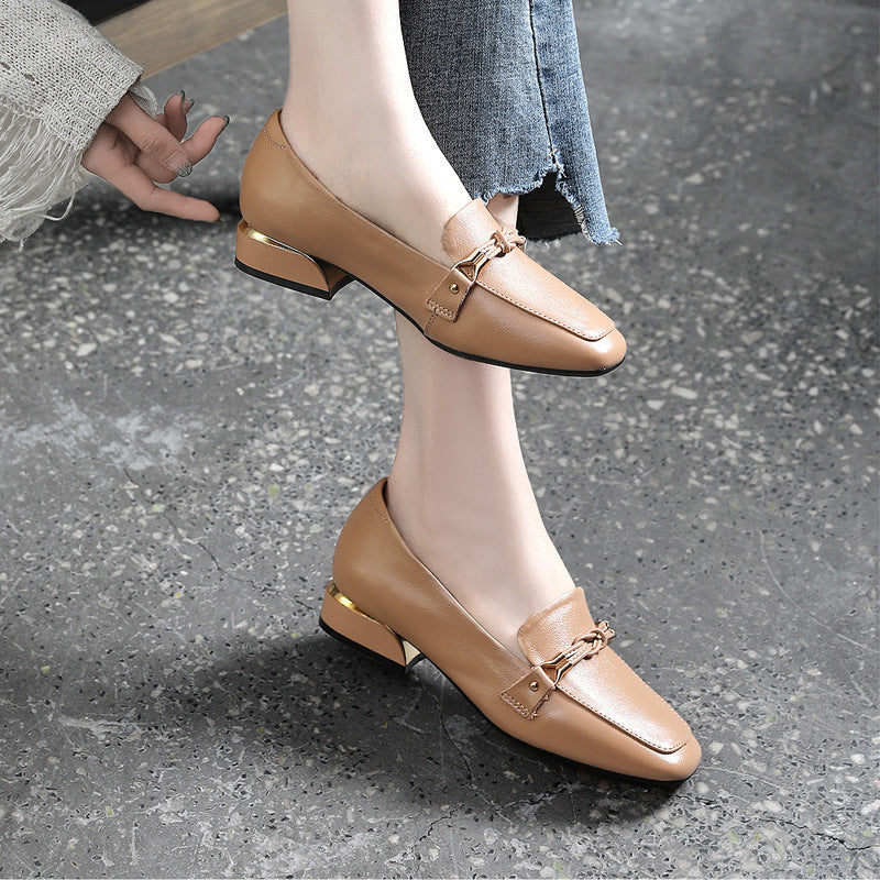 Women's Leather Loafers - Vintage Square Toe Dress Shoes, Comfort Block Heel Pumps