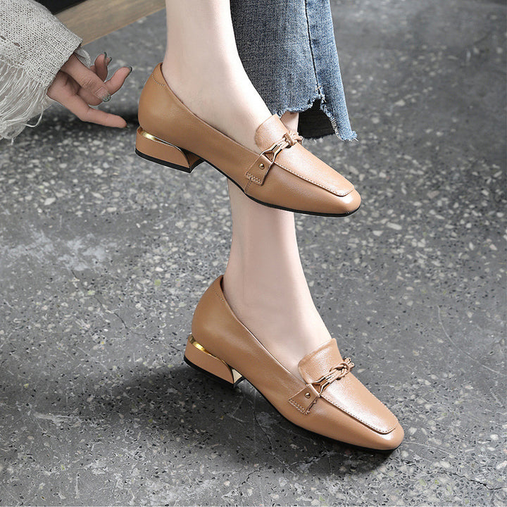 Women's Leather Loafers - Vintage Square Toe Dress Shoes, Comfort Block Heel Pumps