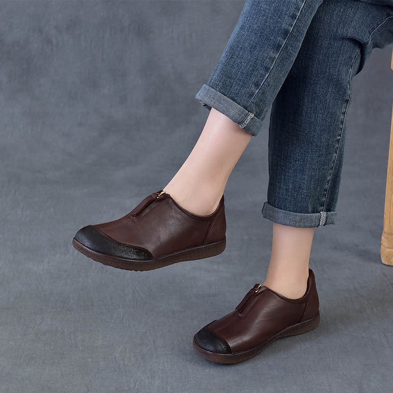 Women's Vintage Leather Slip-On Flats Front Zipper Soft Sole Driving Shoes