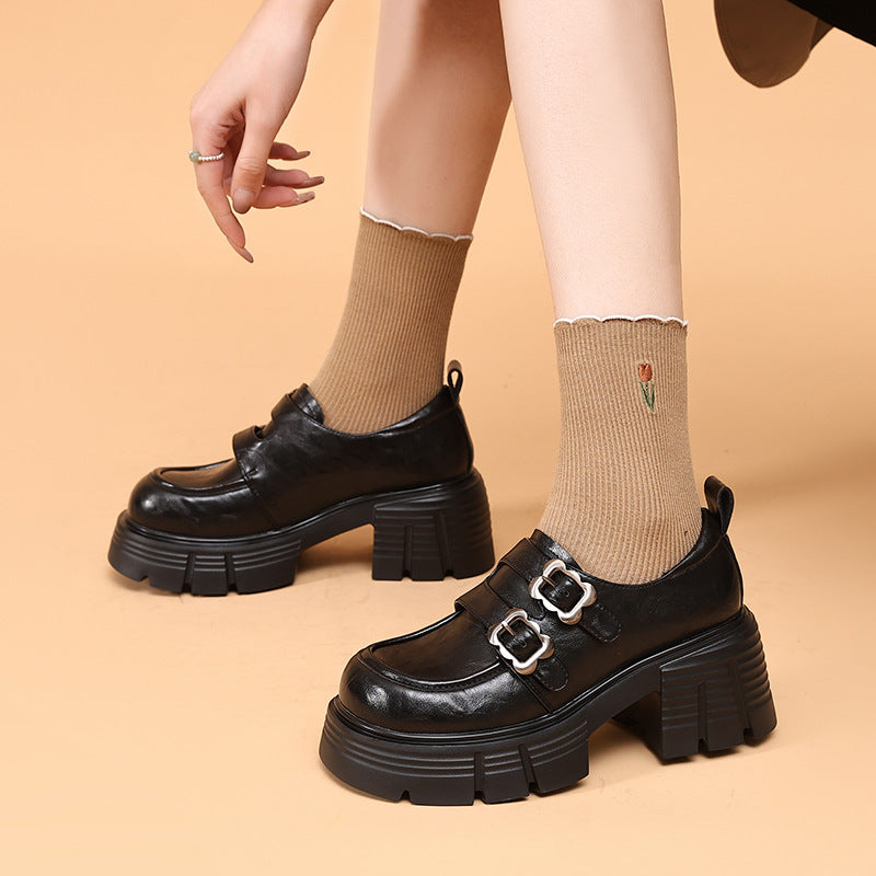 Womens Double-Strap Platform Chunky Heel Loafers