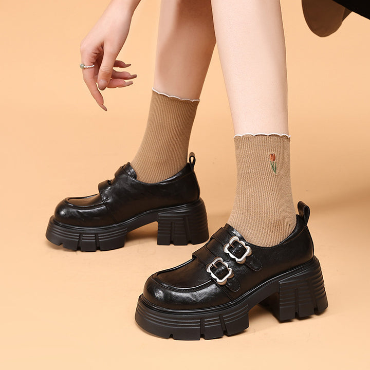 Womens Double-Strap Platform Chunky Heel Loafers