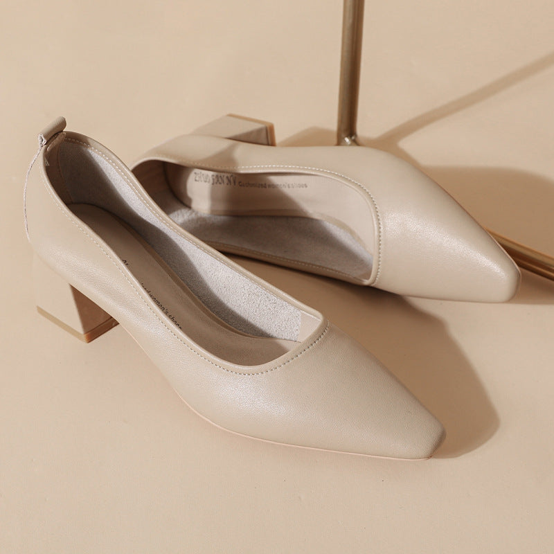 Women's Leather Pointed Toe Minimalist Mid Heel Pump