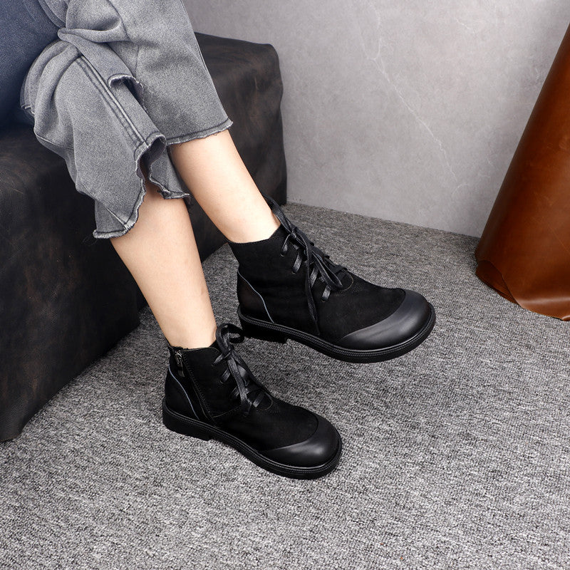 Women's Vintage Genuine Leather Ankle Boots Lace Up Side Zipper Flat Booties