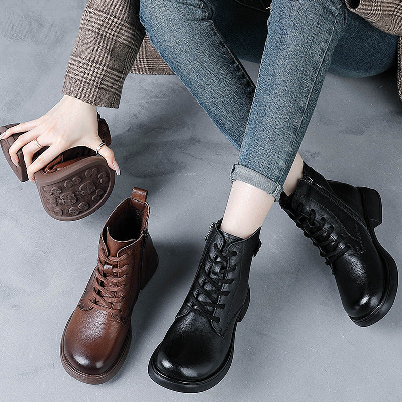 Women’s British Style Leather Lace-Up Ankle Boots – Retro Block Heel Boots