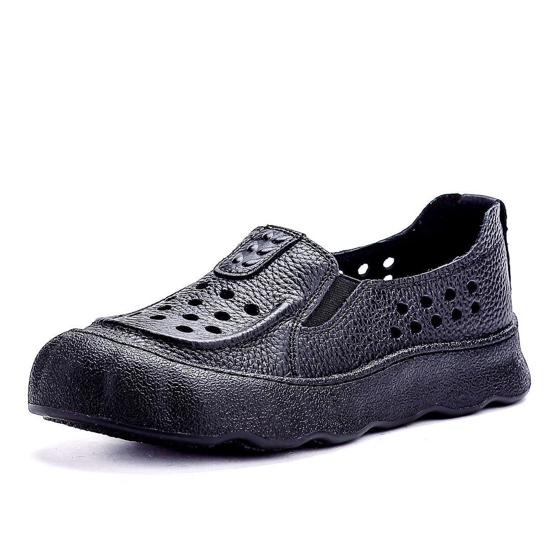 Women's Flats Vintage Hollow-Out Walking Shoes Leather Summer Loafers Retro Slip-On Platform Shoes