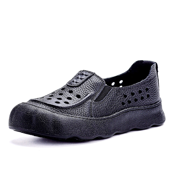 Women's Flats Vintage Hollow-Out Walking Shoes Leather Summer Loafers Retro Slip-On Platform Shoes
