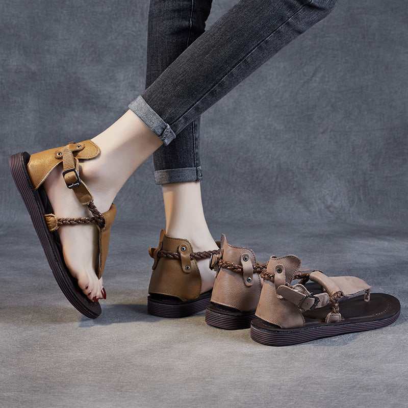 Women's Leather T-Strap Sandals - Vintage Braided Strappy Thong Flat Sandals Summer Buckle Slingback Shoes