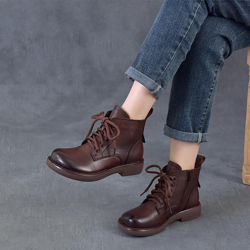 Women's Vintage Leather Ankle Boots Zipper Lace Up Flat Combat Booties