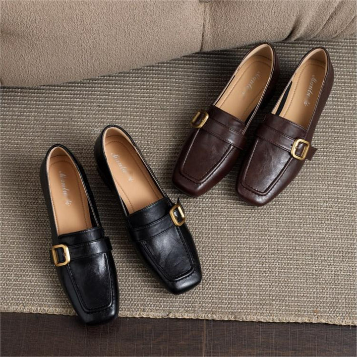 Women's Lambskin Square-Toe Slip-On Loafers with Metal Buckle — Office Shoes