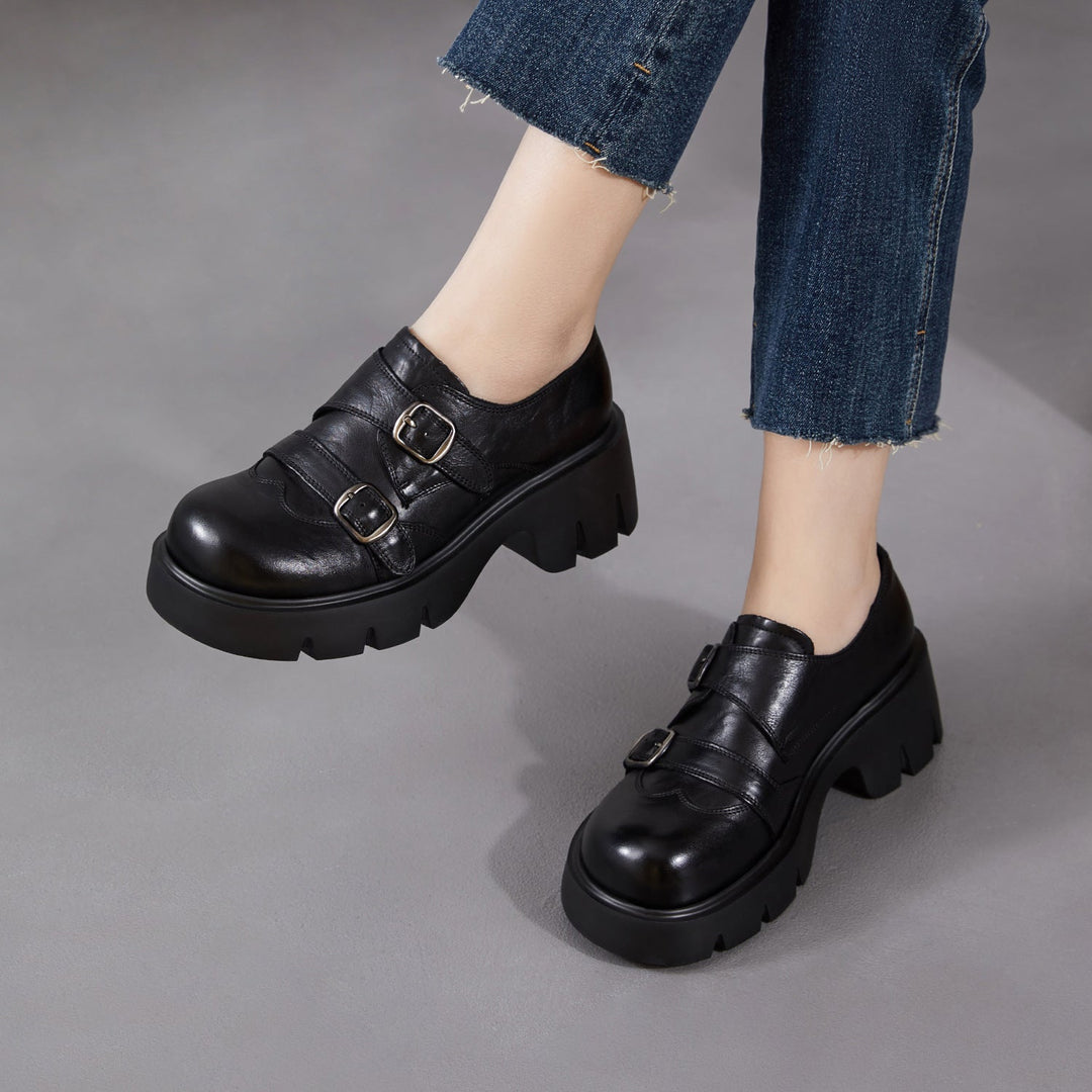 Women’s Retro Round Toe Derby Shoes – British Style Platform Loafers with Buckle